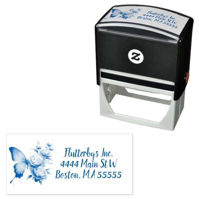 Blue Roses and Butterfly Custom Self-inking Stamp (In Situ)