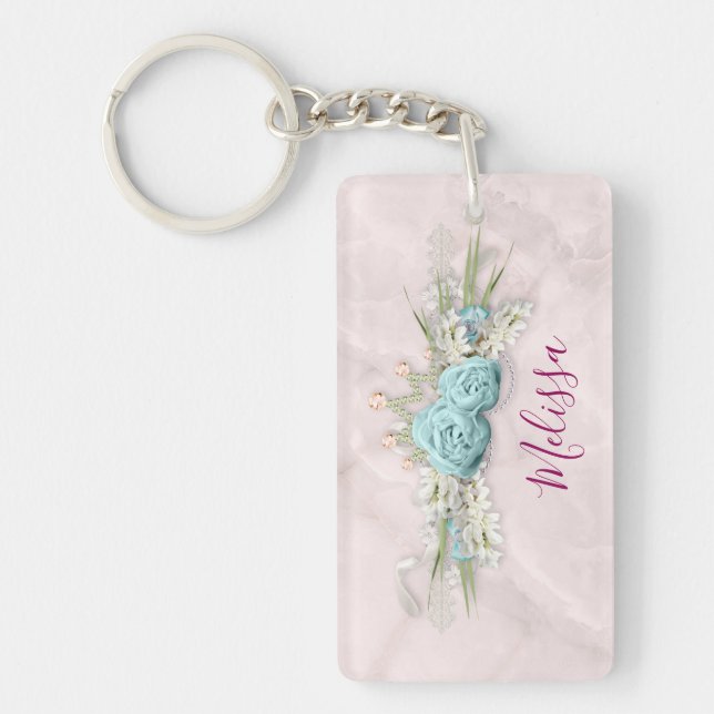 Blue Roses and Crown Floral Bouquet Key Ring (Front)