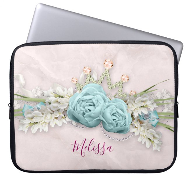 Blue Roses and Crown Floral Bouquet Laptop Sleeve (Front)