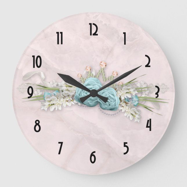 Blue Roses and Crown Floral Bouquet Large Clock (Front)