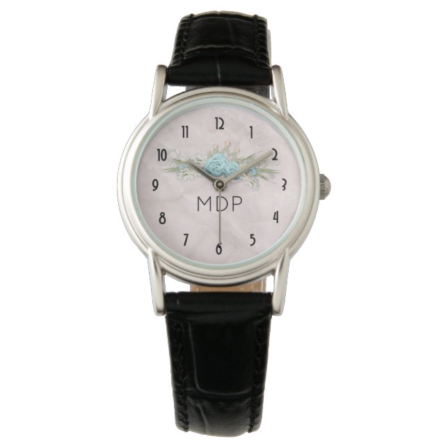 Blue Roses and Crown Floral Bouquet Monogram Watch (Front)