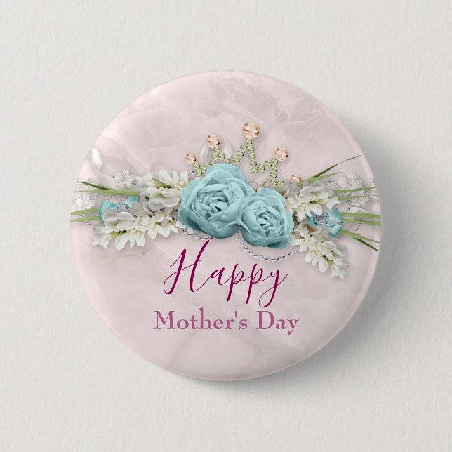 Blue Roses and Crown Floral Bouquet Mother's Day 6 Cm Round Badge (Front)