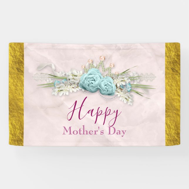 Blue Roses and Crown Floral Bouquet Mother's Day Banner (Horizontal)