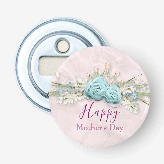 Blue Roses and Crown Floral Bouquet Mother's Day Bottle Opener (Front)