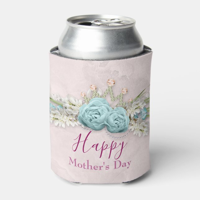 Blue Roses and Crown Floral Bouquet Mother's Day Can Cooler (Can Front)