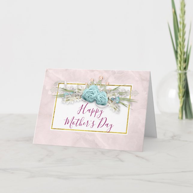 Blue Roses and Crown Floral Bouquet Mother's Day Card (Front)