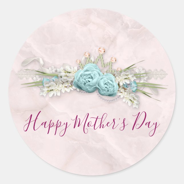 Blue Roses and Crown Floral Bouquet Mother's Day Classic Round Sticker (Front)