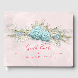 Blue Roses and Crown Floral Bouquet Mother's Day Guest Book