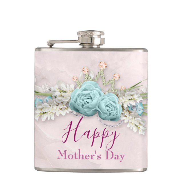Blue Roses and Crown Floral Bouquet Mother's Day Hip Flask (Front)