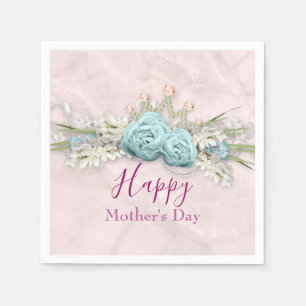 Blue Roses and Crown Floral Bouquet Mother's Day Napkin