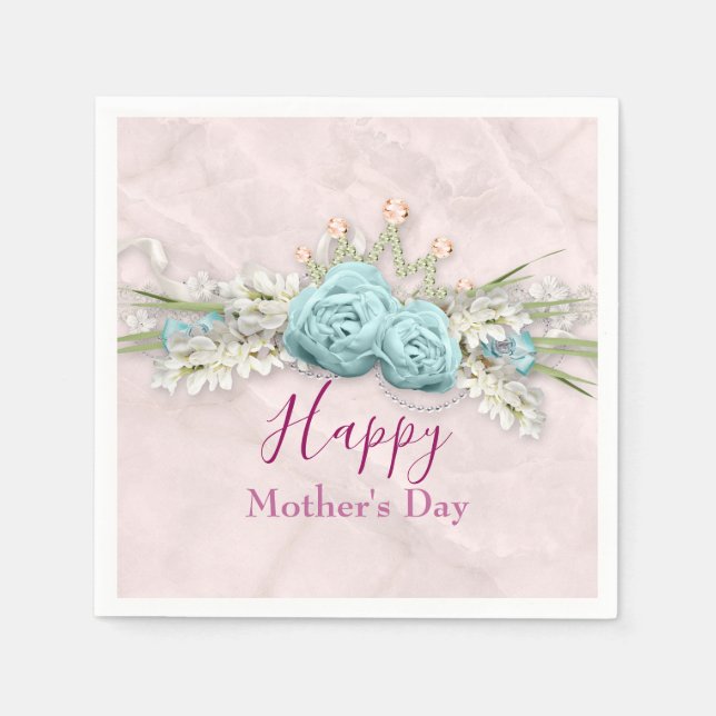 Blue Roses and Crown Floral Bouquet Mother's Day Napkin (Front)
