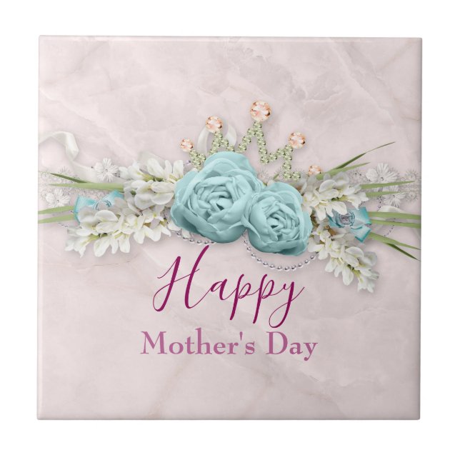 Blue Roses and Crown Floral Bouquet Mother's Day Tile (Front)