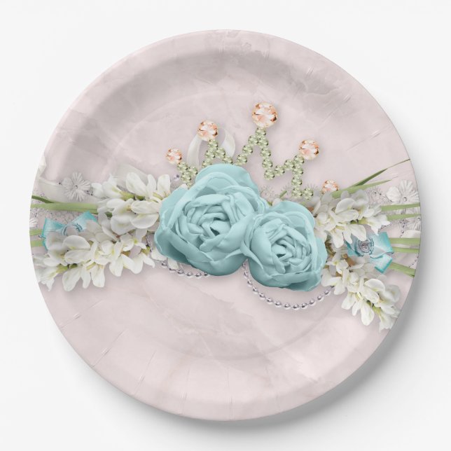 Blue Roses and Crown Floral Bouquet Paper Plate (Front)