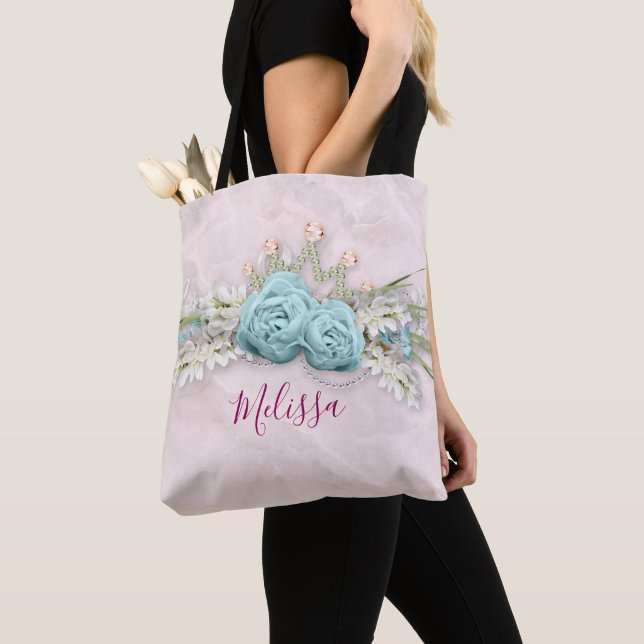 Blue Roses and Crown Floral Bouquet Personalised Tote Bag (Close Up)