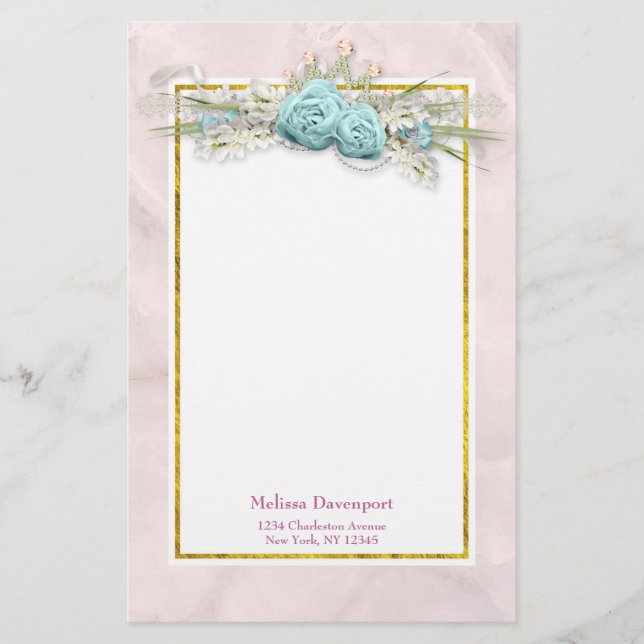 Blue Roses and Crown Floral Bouquet Stationery (Front)