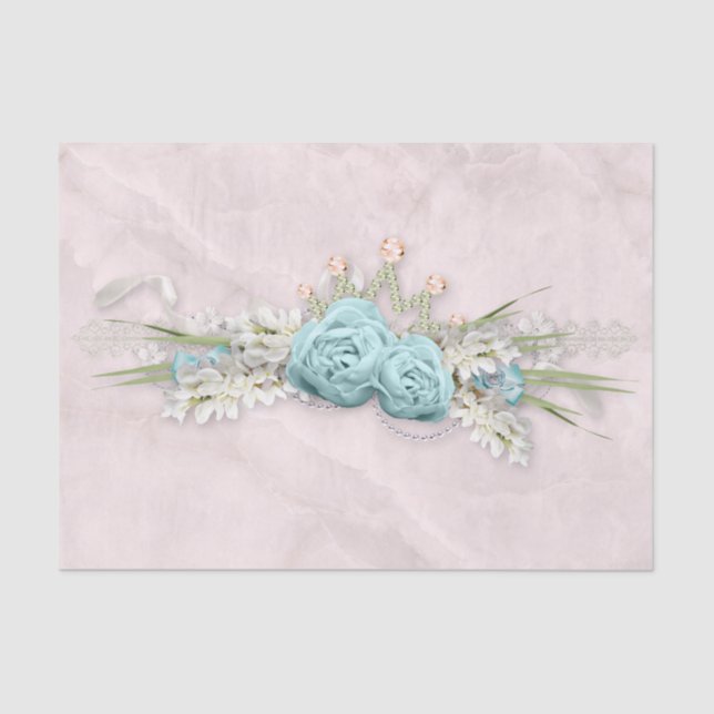 Blue Roses and Crown Floral Bouquet Tissue Paper (Front)