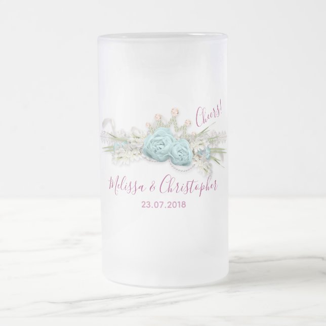 Blue Roses and Crown Floral Bouquet Wedding Frosted Glass Beer Mug (Center)
