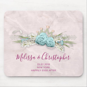 Blue Roses and Crown Floral Bouquet Wedding Mouse Mat