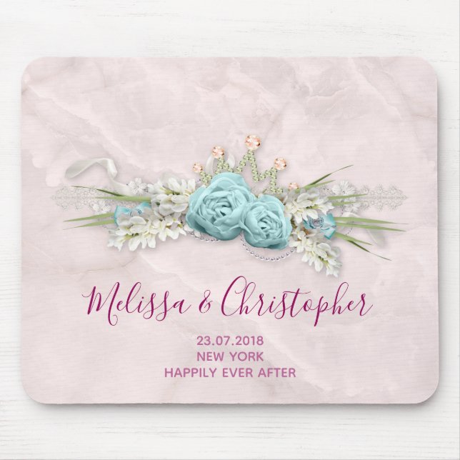 Blue Roses and Crown Floral Bouquet Wedding Mouse Mat (Front)