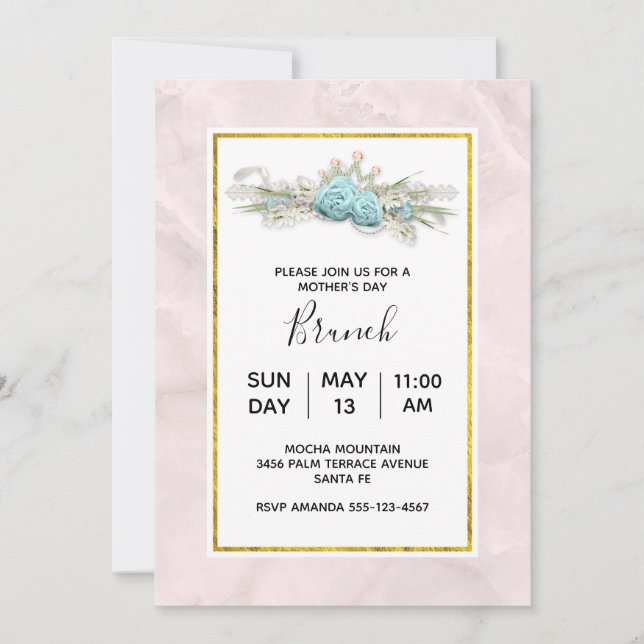 Blue Roses and Crown Floral Mother's Day Brunch Invitation (Front)