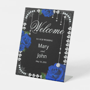 Blue Roses And Diamonds Wedding  Pedestal Sign