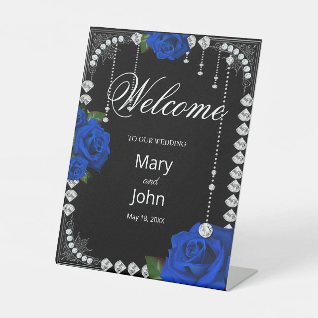 Blue Roses And Diamonds Wedding  Pedestal Sign (Front)