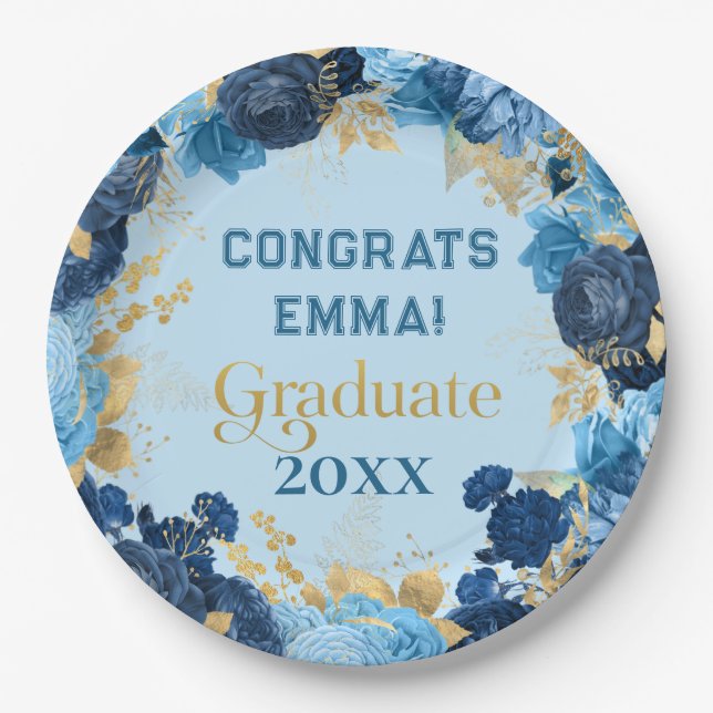 Blue Roses and Gold Foil Leaves Graduation  Paper Plate (Front)