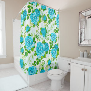 Blue Roses And Green Leaves Shower Curtain
