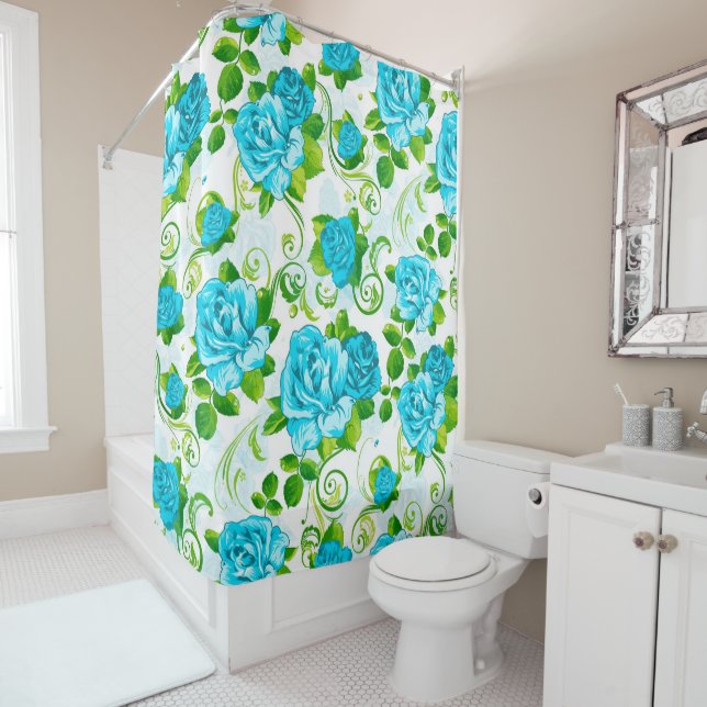 Blue Roses And Green Leaves Shower Curtain (In Situ)