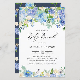Blue Roses and Hydrangea Baby Brunch Invitation