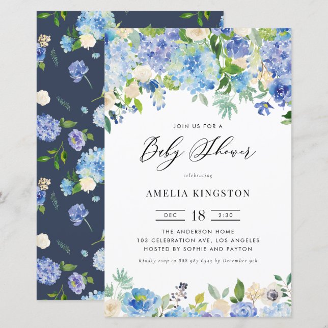 Blue Roses and Hydrangea Baby Shower Invitation (Front/Back)