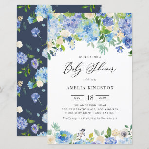 Blue Roses and Hydrangea Baby Shower Invitation