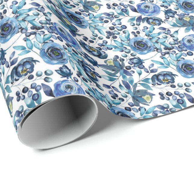 Blue Roses and Leaves Wrapping Paper (Roll Corner)