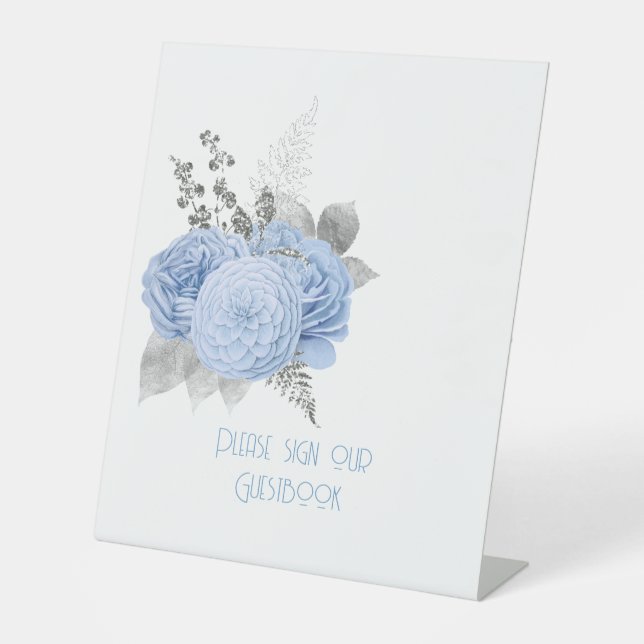 Blue Roses and Silver Wedding Pedestal Sign (Front)