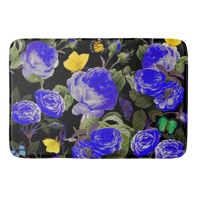 BLUE ROSES AND YELLOW BUTTERFLIES Black Bath Mat (Front)