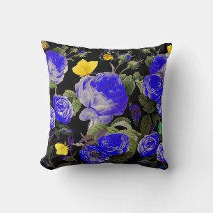 BLUE ROSES AND YELLOW BUTTERFLIES Black Cushion