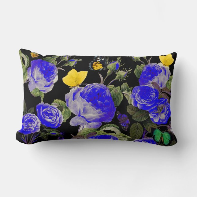 BLUE ROSES AND YELLOW BUTTERFLIES Black Lumbar Cushion (Front)