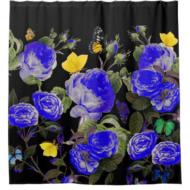 BLUE ROSES AND YELLOW BUTTERFLIES Black Shower Curtain (Front)