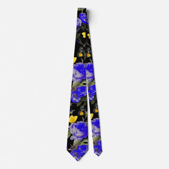 BLUE ROSES AND YELLOW BUTTERFLIES Black Tie (Front)
