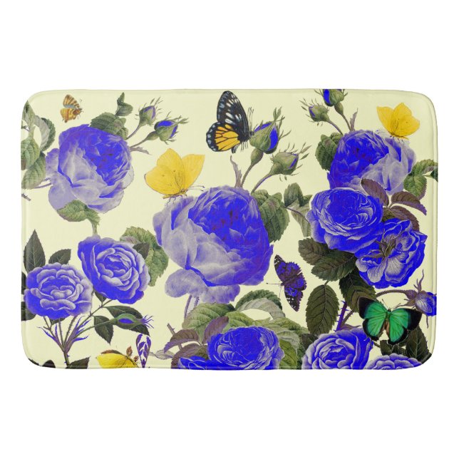 BLUE ROSES AND YELLOW BUTTERFLIES White Bath Mat (Front)