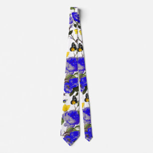 BLUE ROSES AND YELLOW BUTTERFLIES White Floral Tie