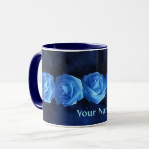 Blue Roses Art Mug with Personal Name Flower Mug