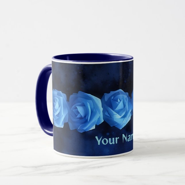 Blue Roses Art Mug with Personal Name Flower Mug (Front Left)