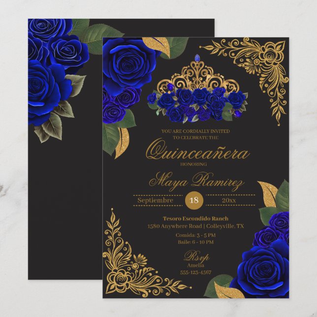 Blue Roses Black Gold Glitter Tiara Quinceañera  Invitation (Front/Back)