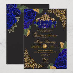 Blue Roses Black Gold Glitter Tiara Quinceañera  Invitation