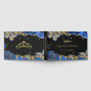 Blue Roses Black Gold Lace Butterfly Quinceañera Guest Book