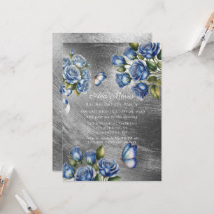 Blue Roses Butterfly Silver Bachelorette Party Invitation