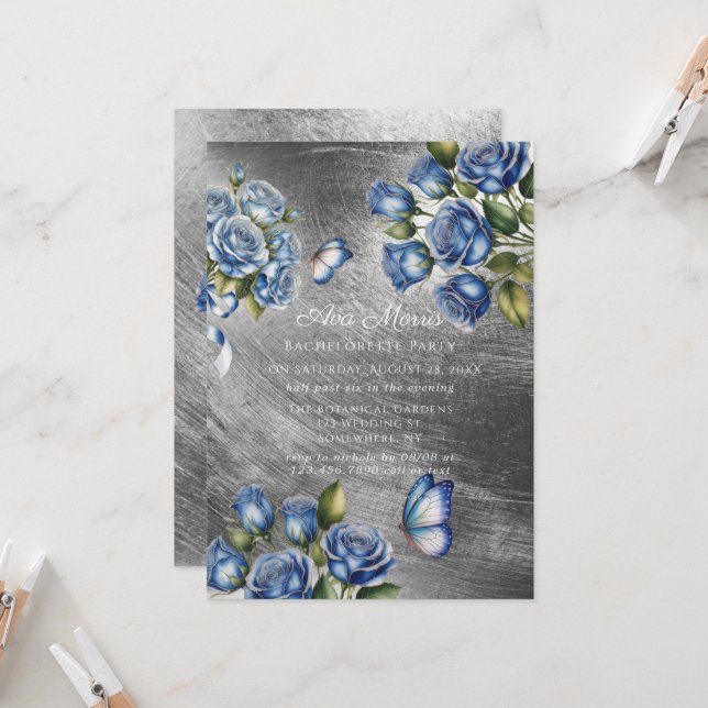 Blue Roses Butterfly Silver Bachelorette Party Invitation (Front/Back In Situ)