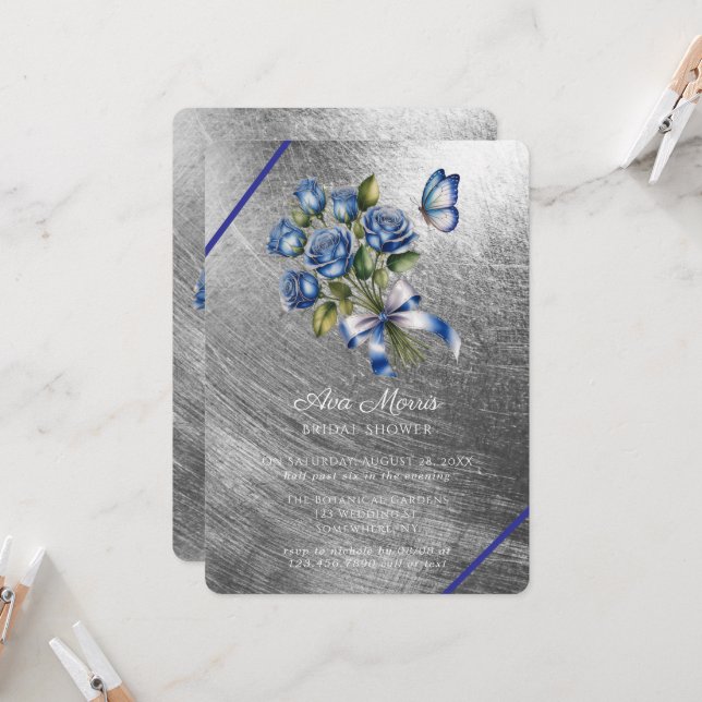 Blue Roses Butterfly Silver Bridal Shower Invitation (Front/Back In Situ)