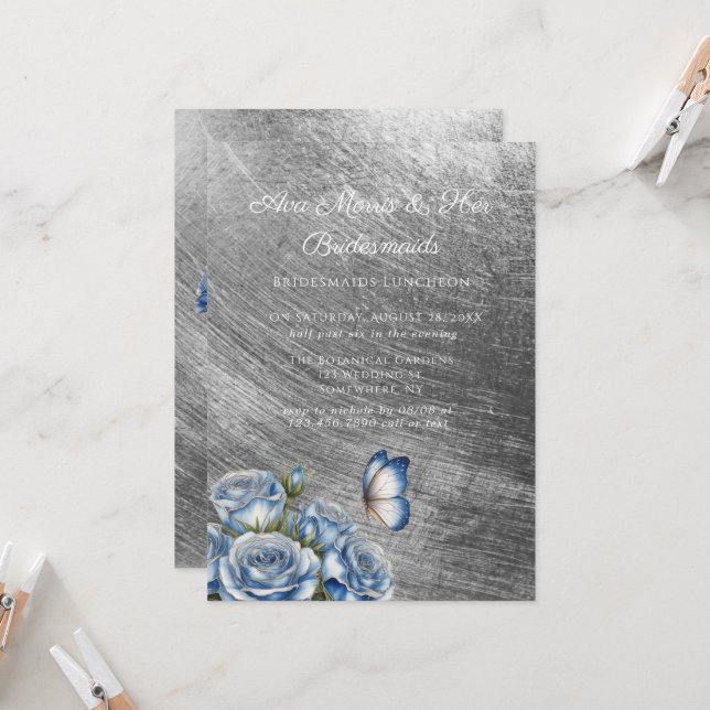 Blue Roses Butterfly Silver Bridesmaids Luncheon Invitation (Front/Back In Situ)